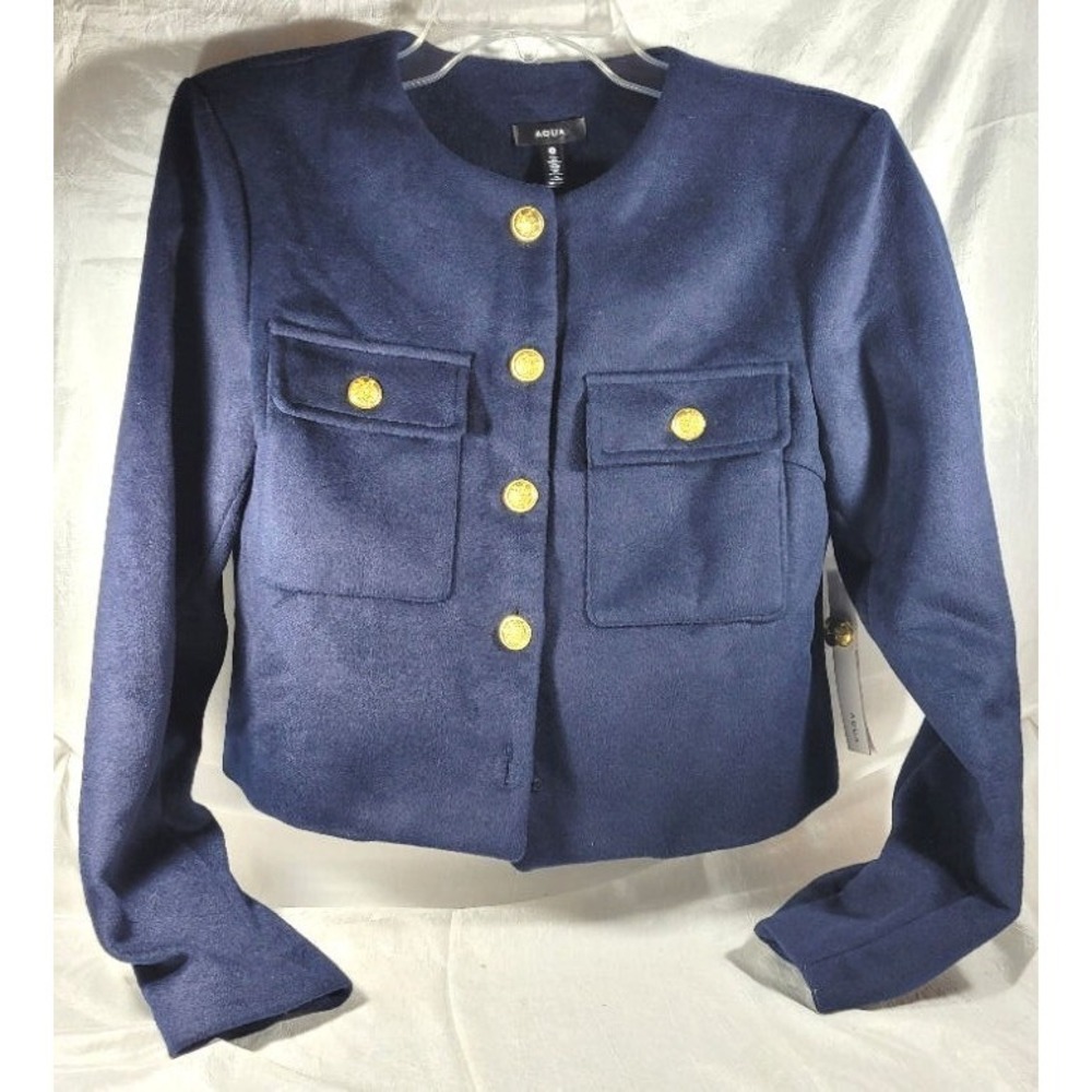 AQUA Brand Women's Microfleece Collarless Jacket Blazer - Navy -‎ Small